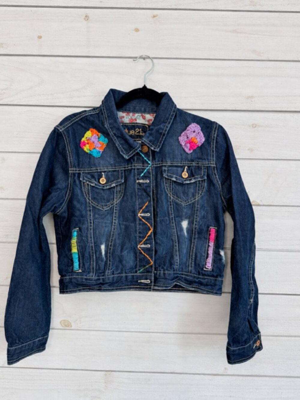 Rue21 Upcycled Denim Jacket Hand Crochet Floral Embellished One of a Kind